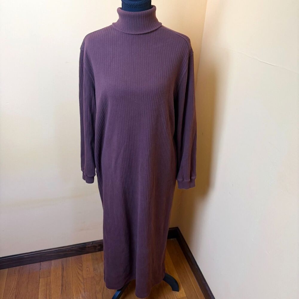 Vtg 90s Eddie Bauer Ribbed Turtleneck Maxi Sweater Dress Cotton Brown Petite XS